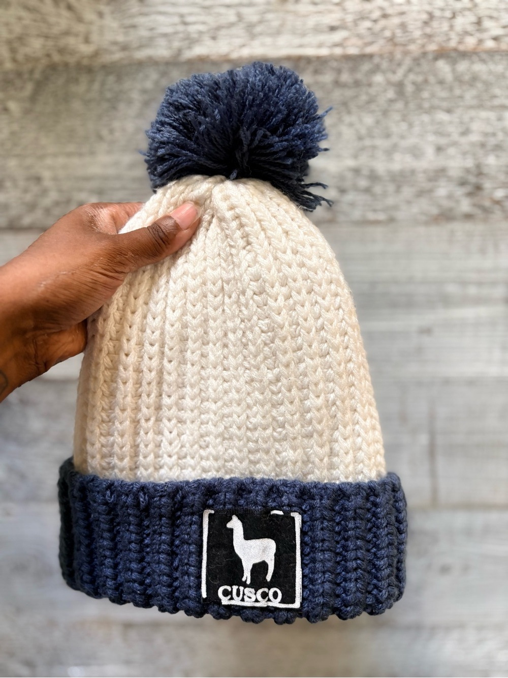 3/$30 | Cream/Navy Pom-Pom Pull-On Thick Knit Winter Hat Toque w/ "Cusco" Patch